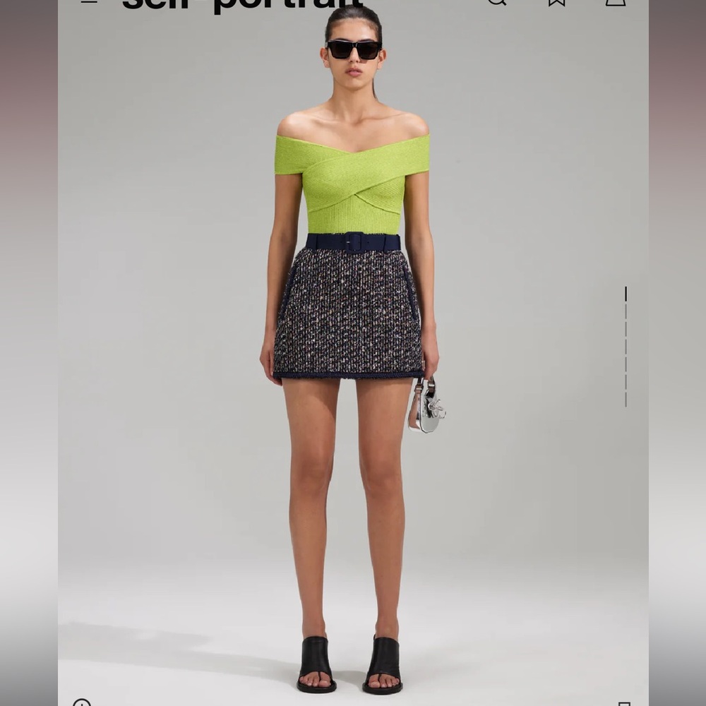 NWT Self-Portrait Green Lurex Knit Off-the-Shoulder Crop Top